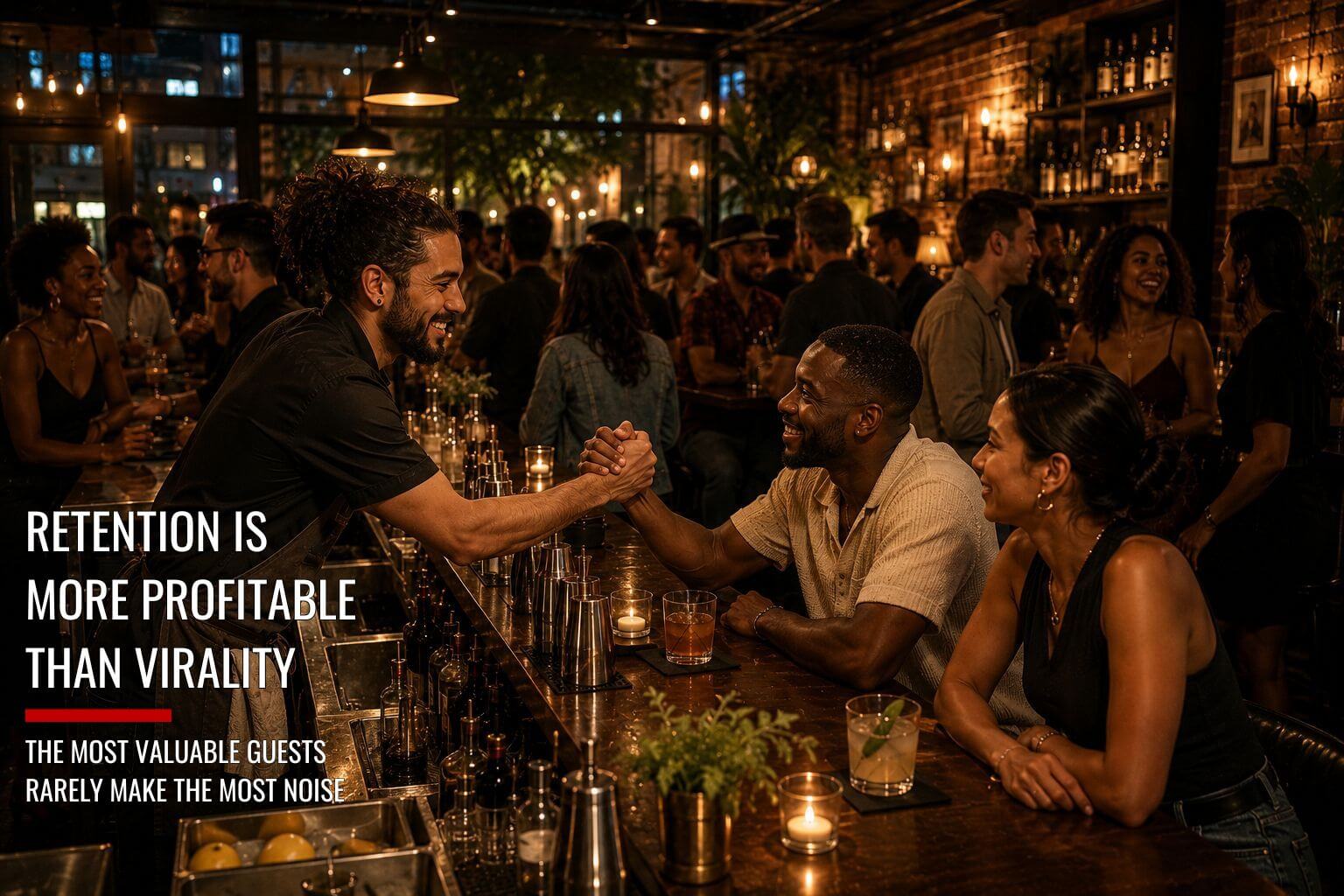 Retention is more profitable than virality with guests enjoying cocktails in an upscale nightlife venue.