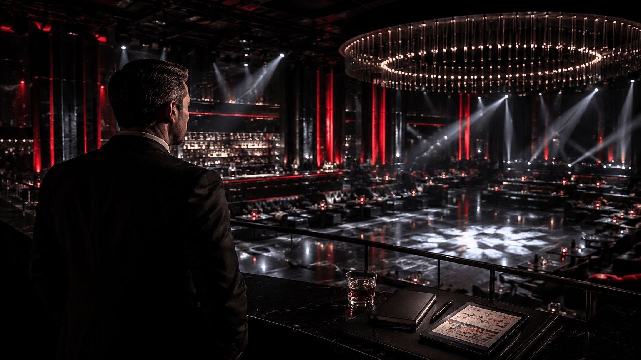 Operator reviewing reports while overlooking a nightlife venue.