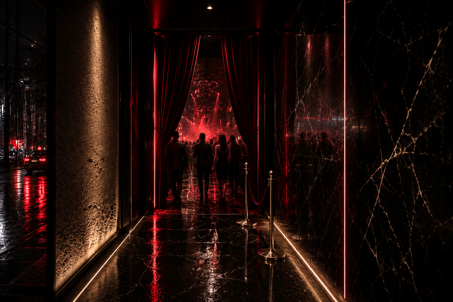 KRGNightlife_Hero02Tiny Luxury nightlife venue entrance with red lighting and velvet curtains on a rainy evening.