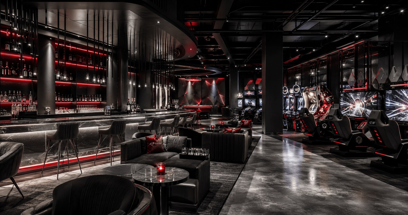 Modern competitive socializing venue with games, dining, and groups enjoying a shared experience.