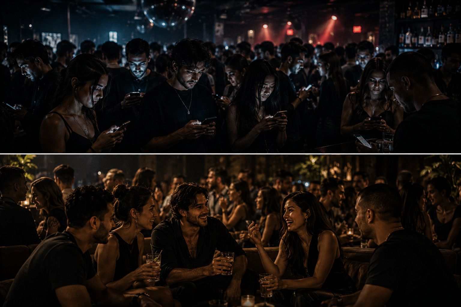 A split-screen image depicting a nightclub scene: on top are disinterested guests, on the bottom are engaged guests.