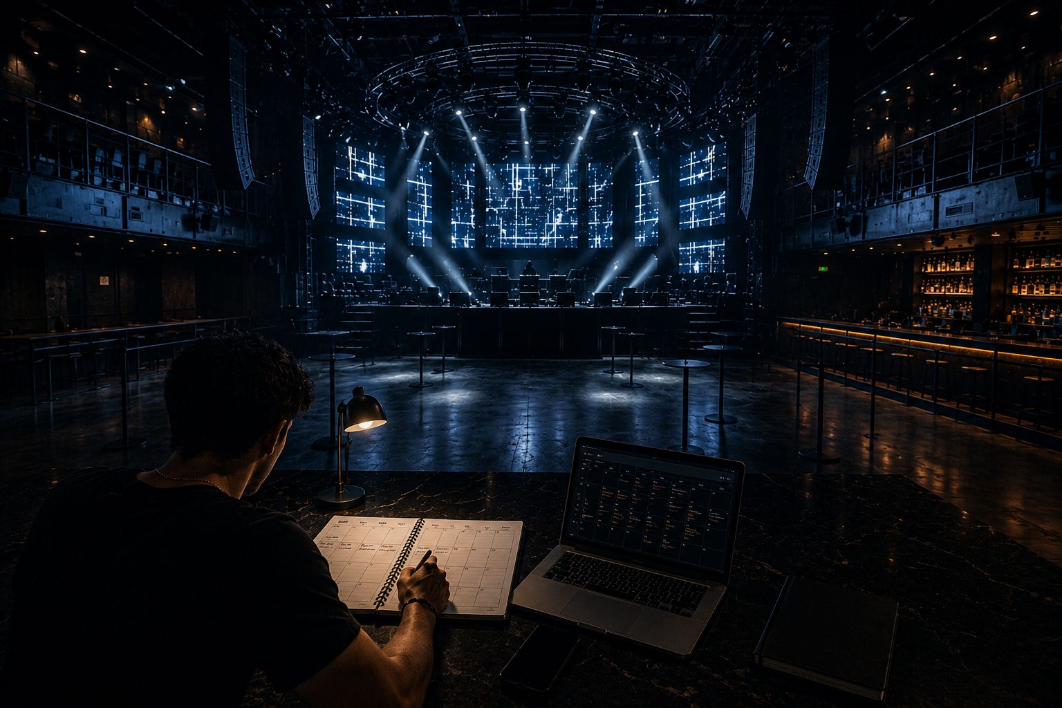 Nightclub owner planning events in an empty venue