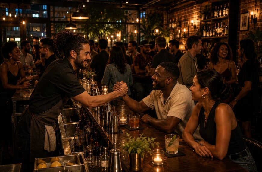 Bartender welcoming a returning guest in a busy cocktail bar