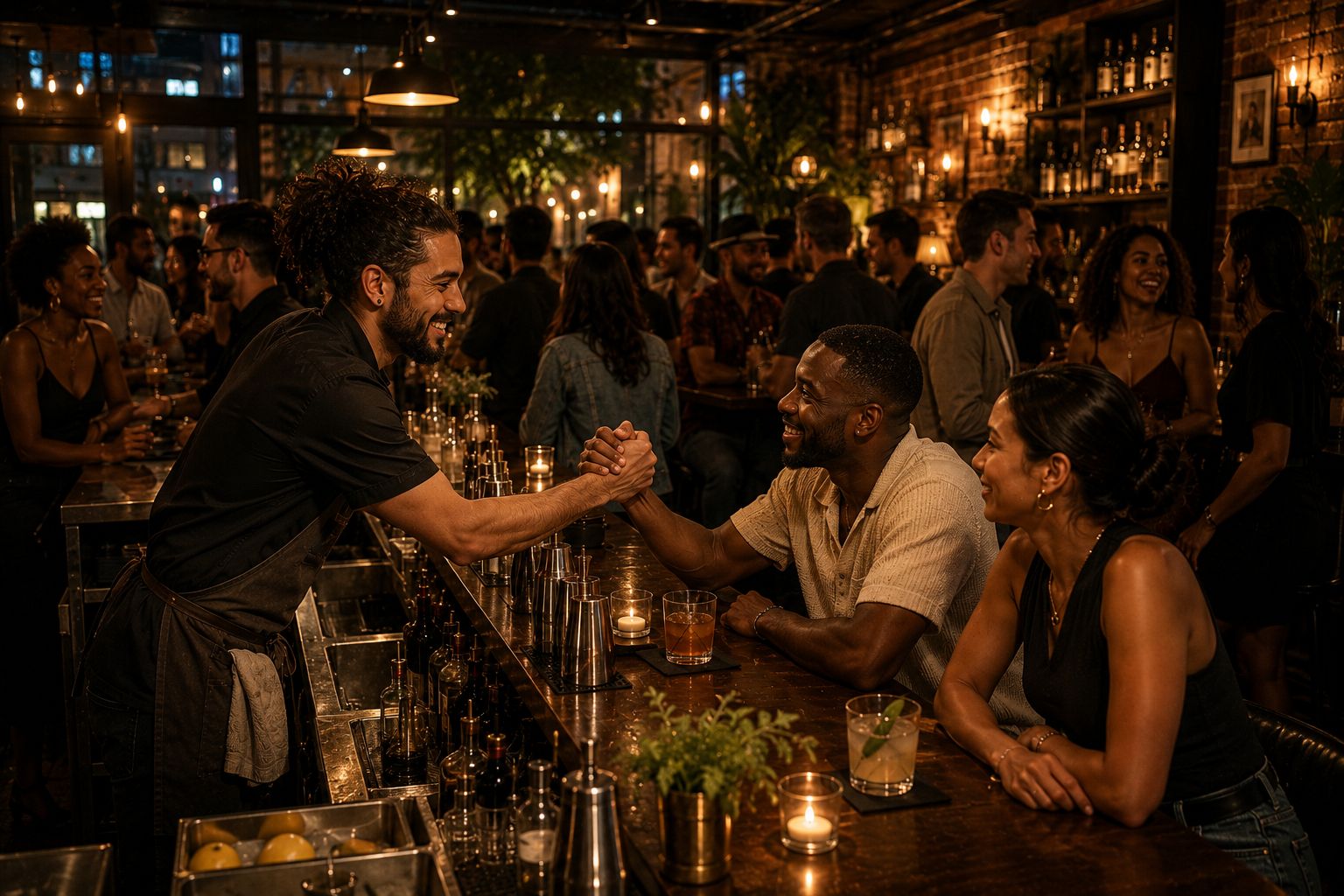 Bartender welcoming a returning guest in a busy cocktail bar