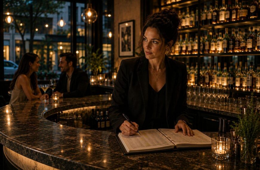 Bar owner reviewing business performance in an upscale venue