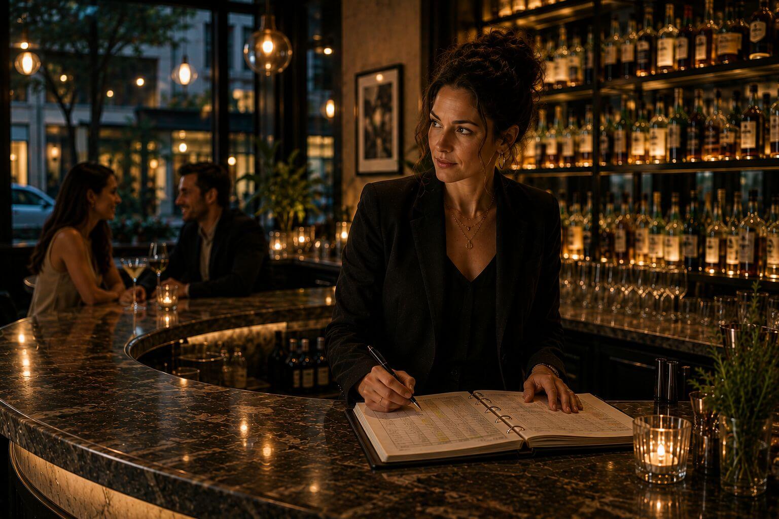 Bar owner reviewing business performance in an upscale venue