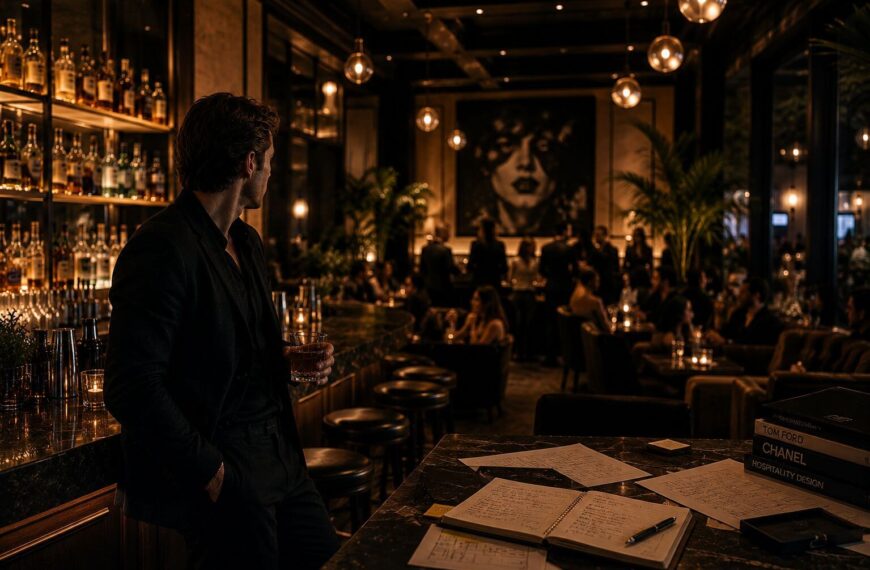 Bar owner standing alone behind a busy upscale bar