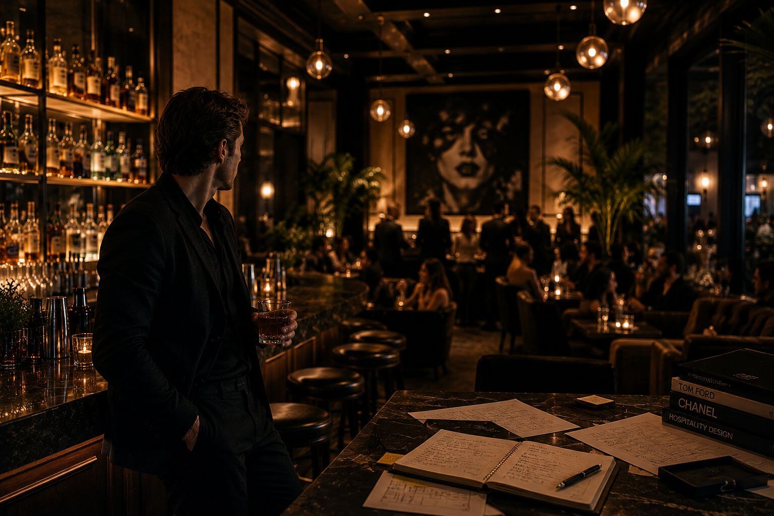 Bar owner standing alone behind a busy upscale bar